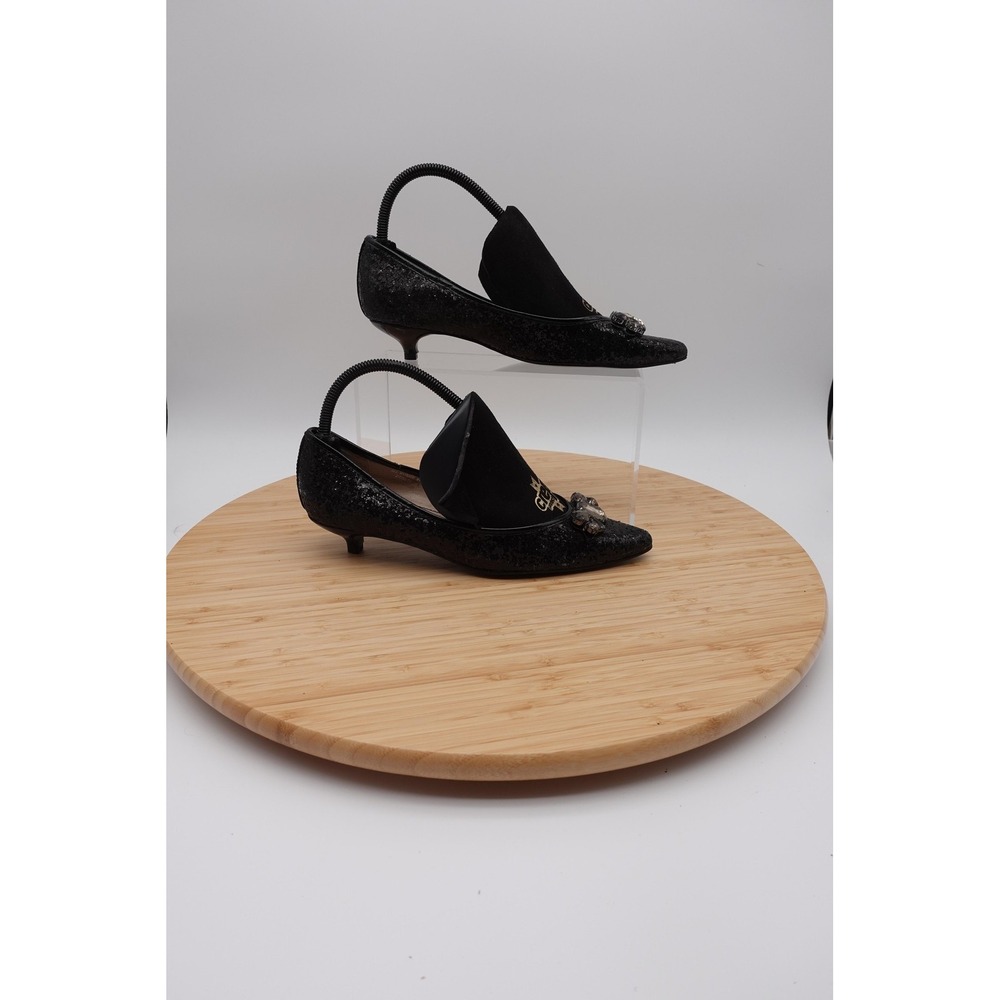 Colin Stuart Shoes Womens Size 7 Black Glitter Rhinestone Slingback Kitten Pumps - Picture 5 of 11